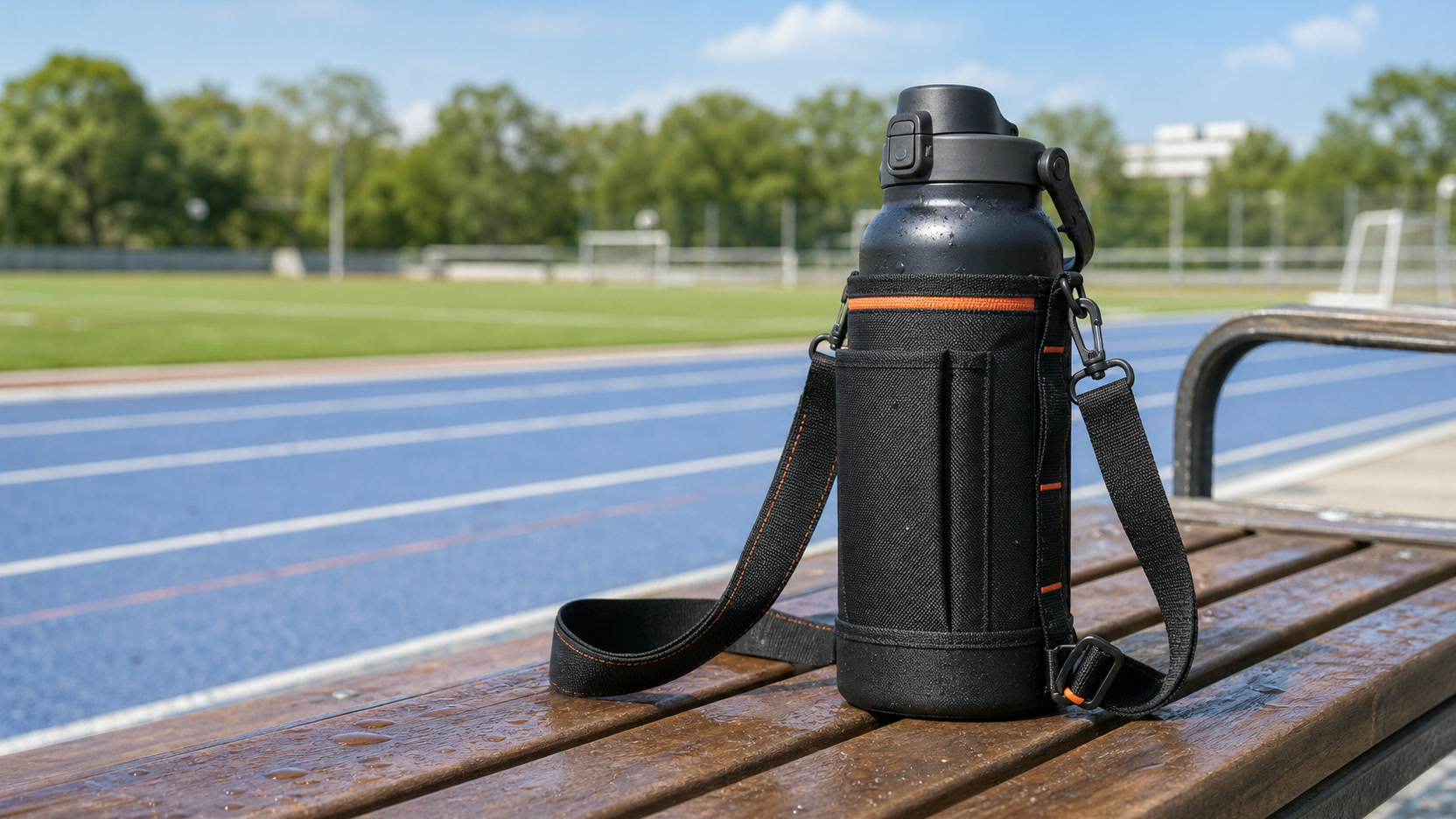 運動場脇のベンチに置かれたポーチ付きの一リットル保冷スポーツボトル
