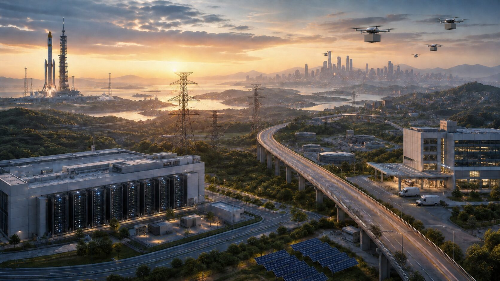 データセンター、送電網、配送ドローン、衛星打ち上げ、医療物流、都市基盤が連なる世界ニュースのイメージ