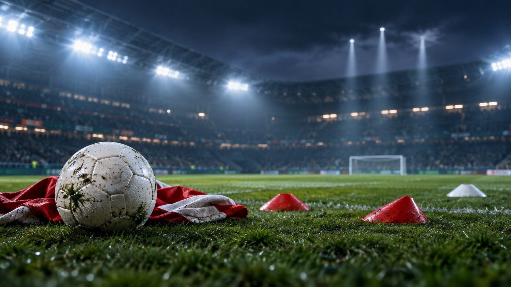夜のサッカースタジアムで芝の上に置かれたボールと赤白の布を写した試合分析のイメージ