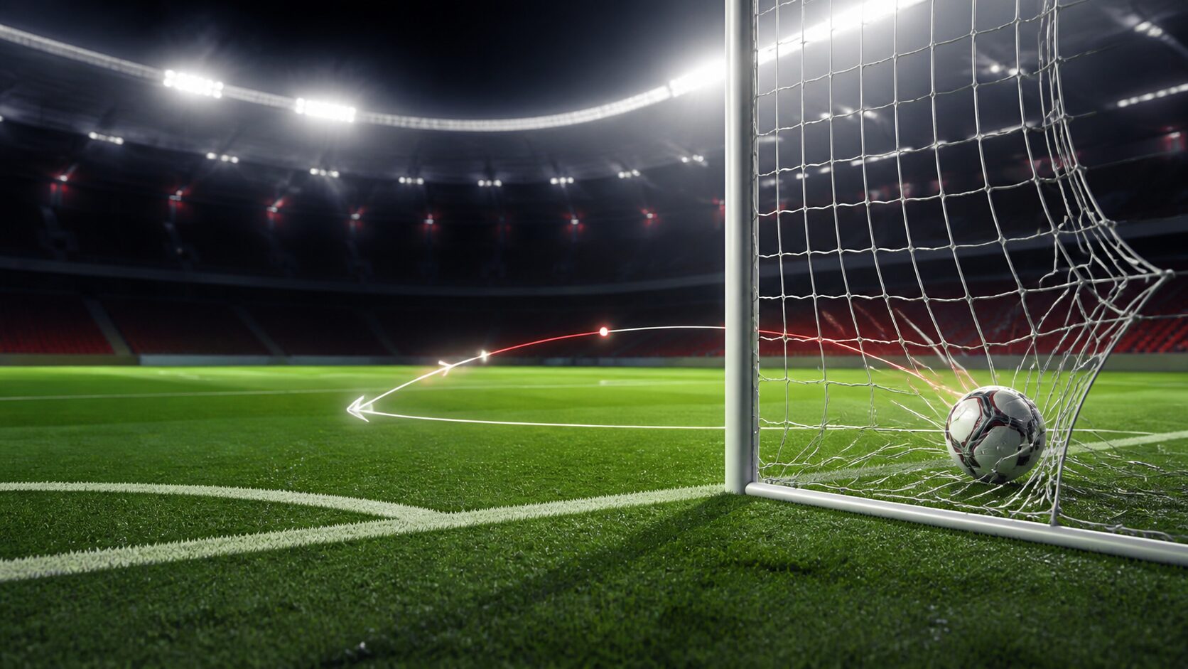 照明に照らされたサッカーゴールとネットへ向かうボールのイメージ