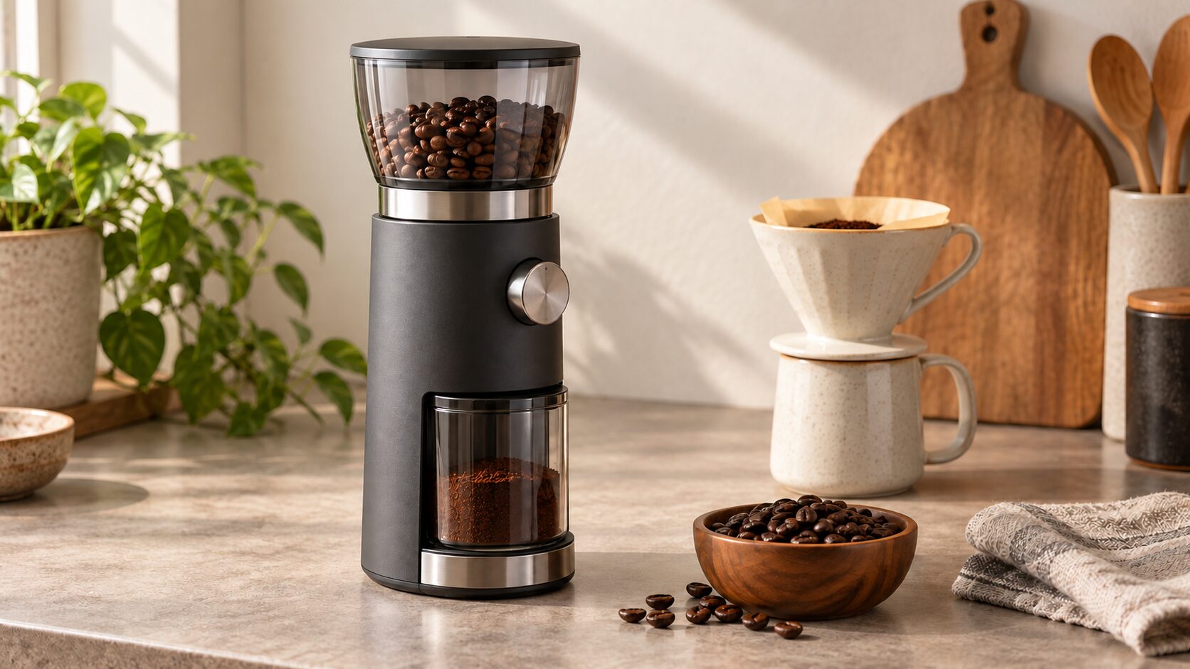 コーヒー豆とドリッパーを添えた無地の家庭用電動コーヒーグラインダー