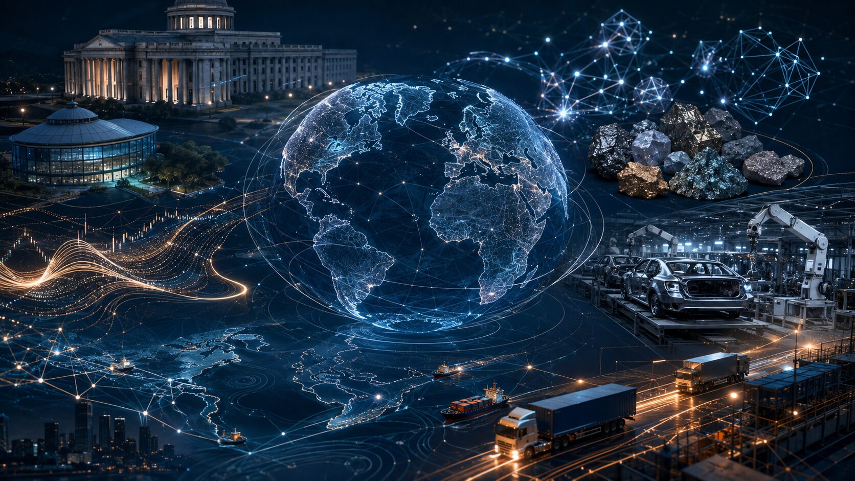 政治、安全保障、AI、資源、物流の変化が世界規模で連鎖する様子を表した抽象的な編集画像