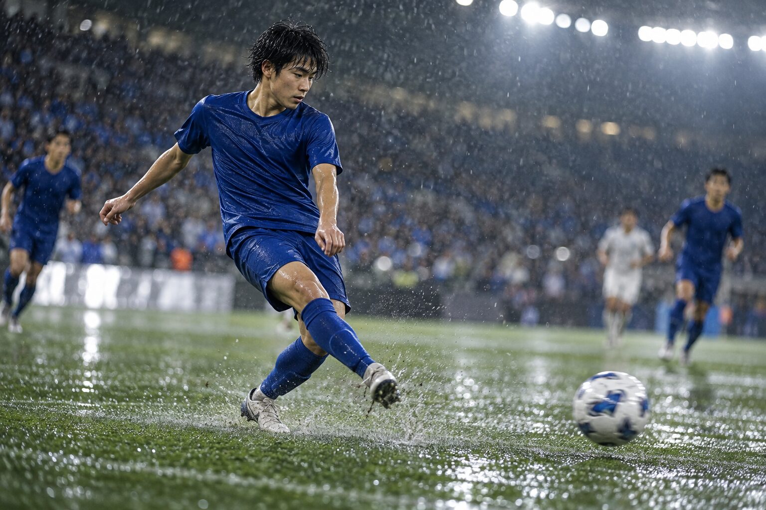 雨のスタジアムでボールを運ぶ青いユニフォームのサッカー選手