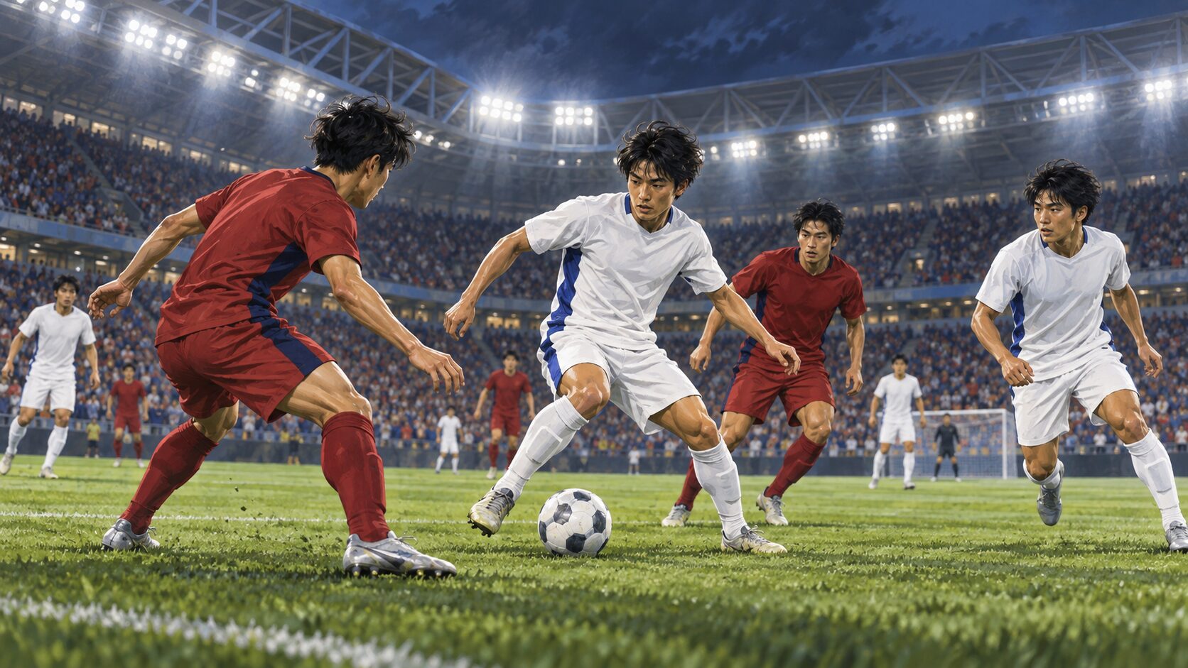 拮抗したサッカーの試合で攻守に走る3人の日本人選手を表現したイラスト
