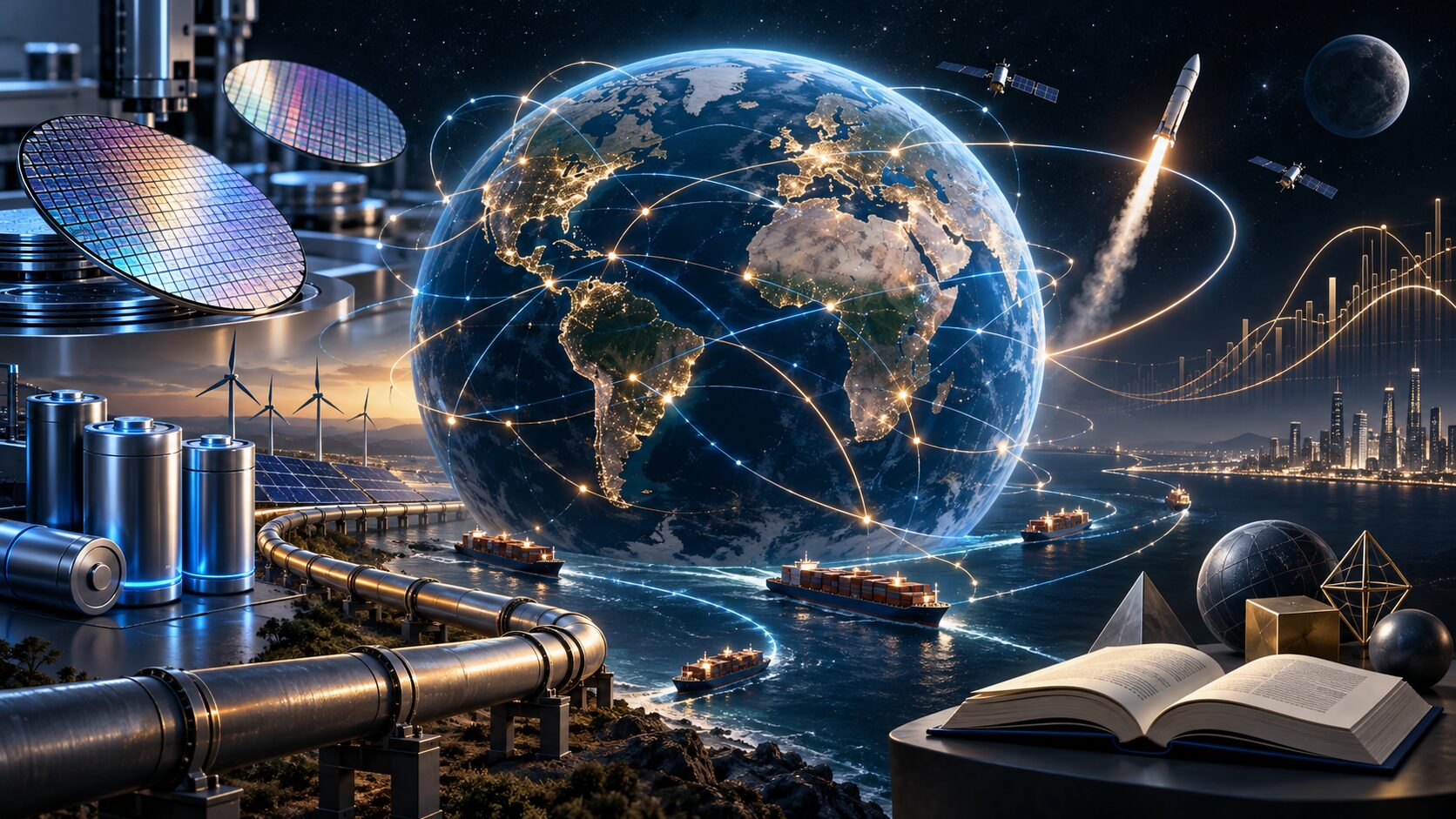 地球を中心に半導体、輸送路、電池、ロケット、教育を結んだ世界経済ニュースのイメージ