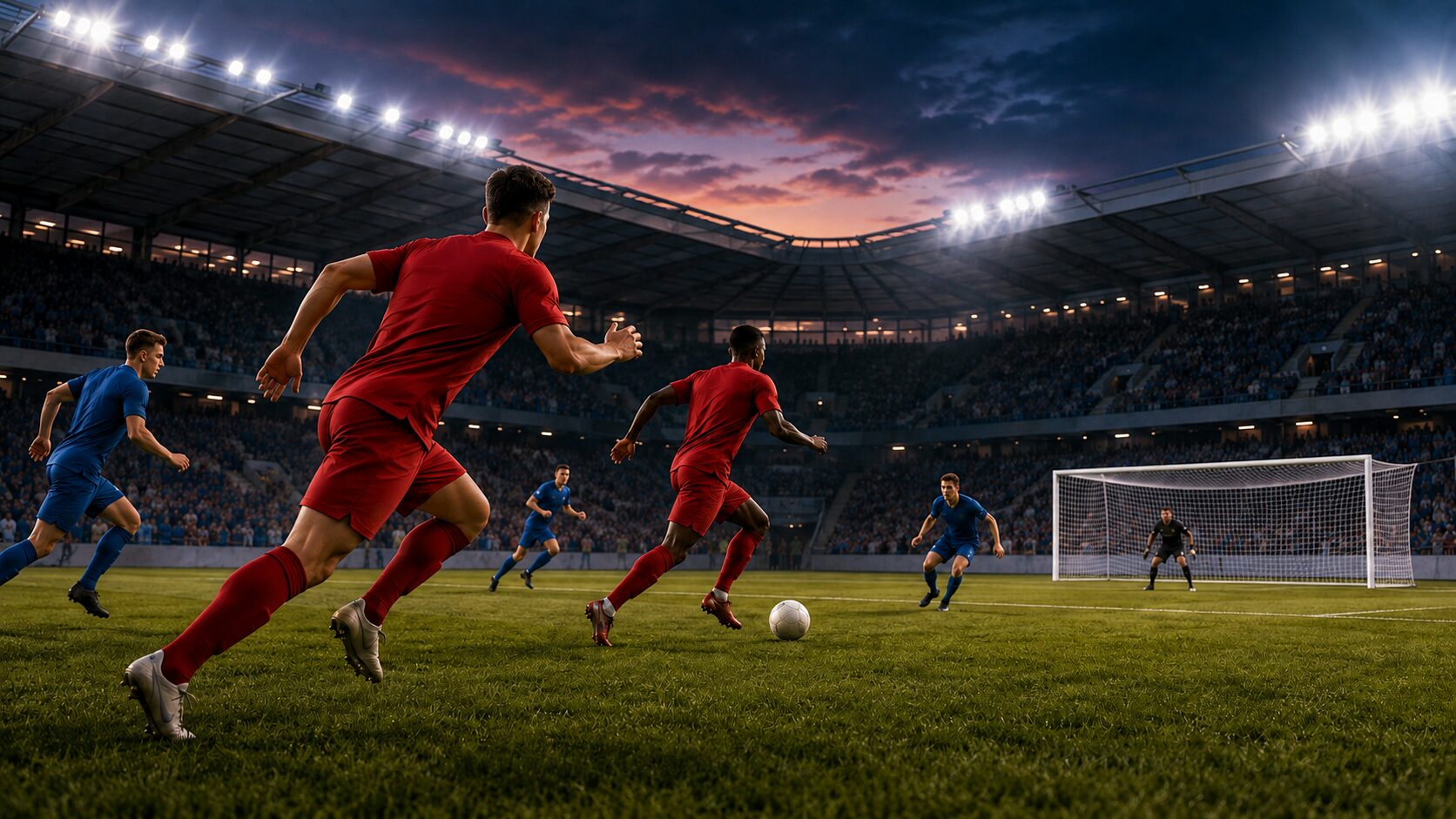 夕暮れのスタジアムでゴールへ攻め込む赤いユニフォームのサッカー選手を描いたイメージ