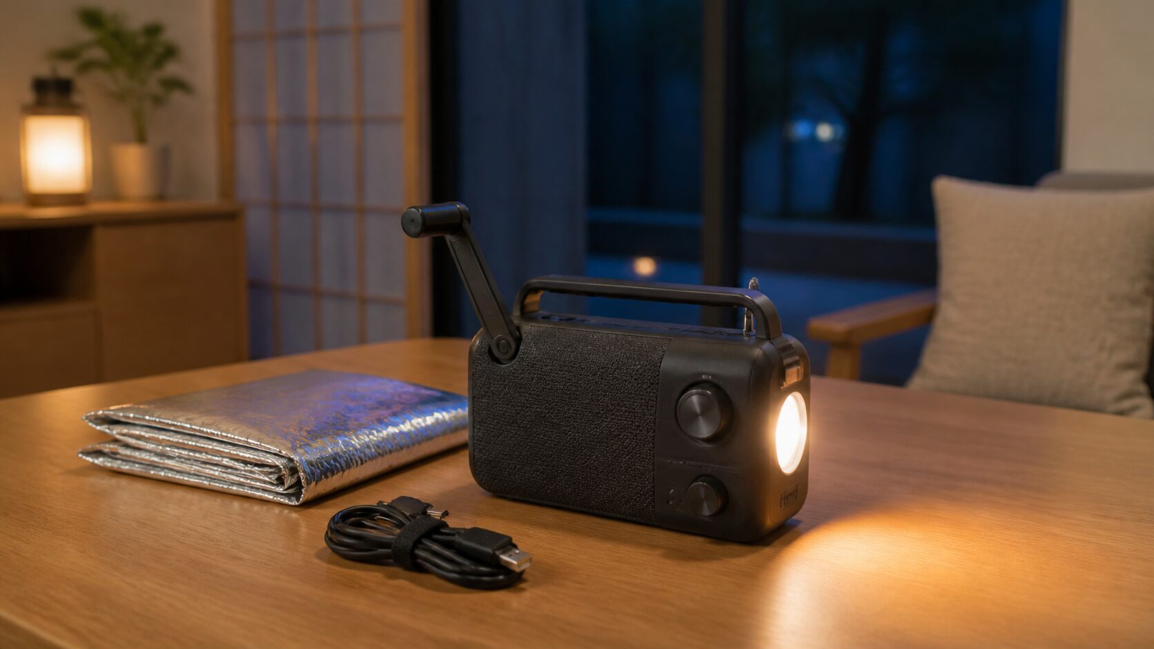 停電した室内のテーブルに置かれた手回しラジオと非常用ブランケットのイメージ