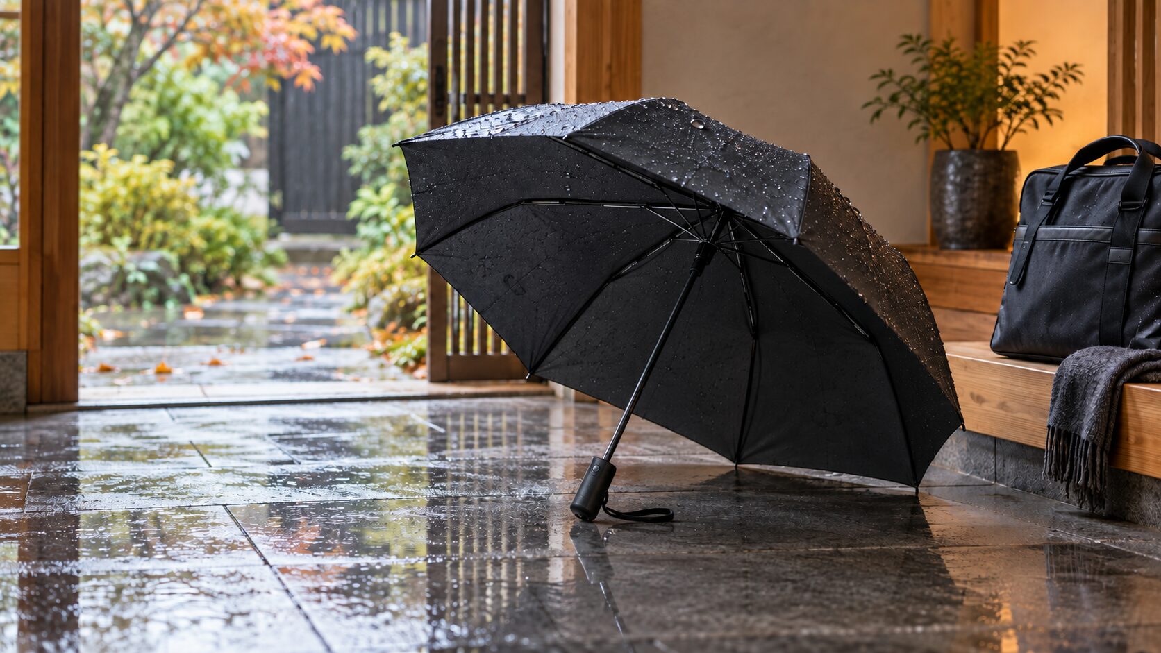 雨上がりの玄関で通勤バッグのそばに置かれた黒い自動開閉式の折りたたみ傘