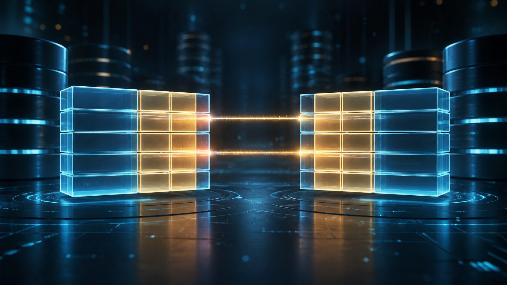 二つの列で対応するデータ表を結ぶ関係を抽象的に表したデータベースのイメージ