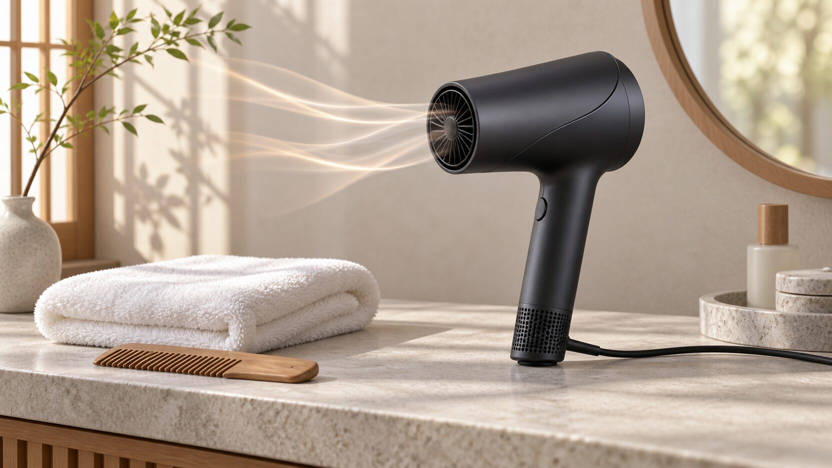 白い洗面台に置かれたチャコールブラックの高機能ヘアドライヤーを表現したイメージ