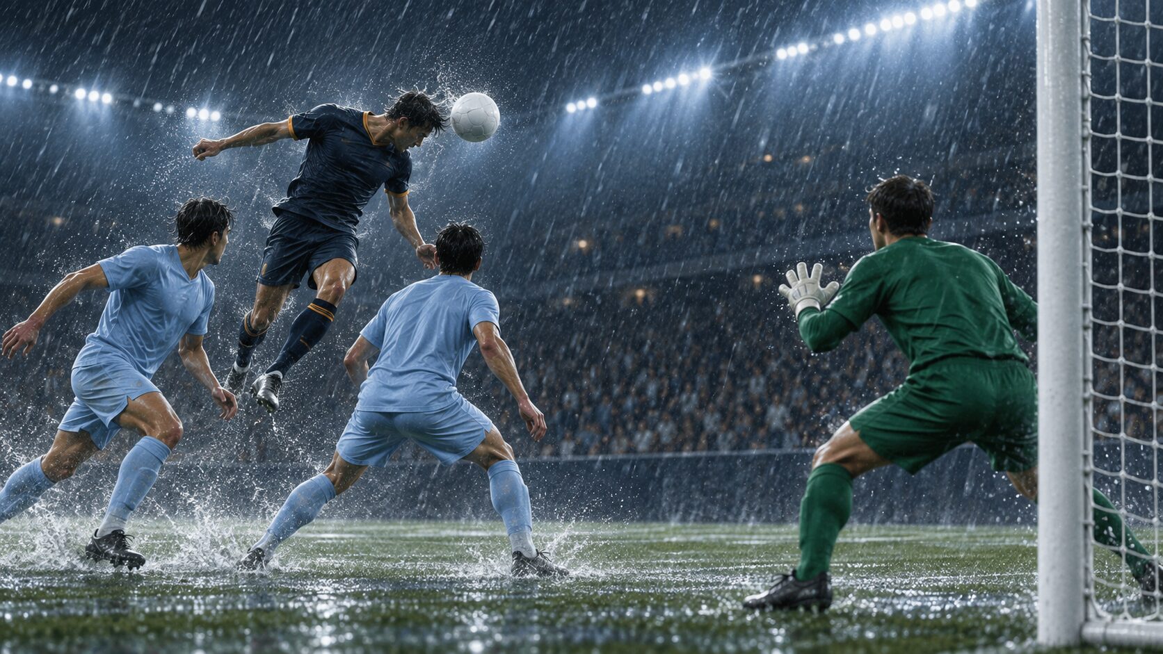 雨の欧州スタジアムでヘディングシュートを放つ選手とゴールを守る選手のイメージ