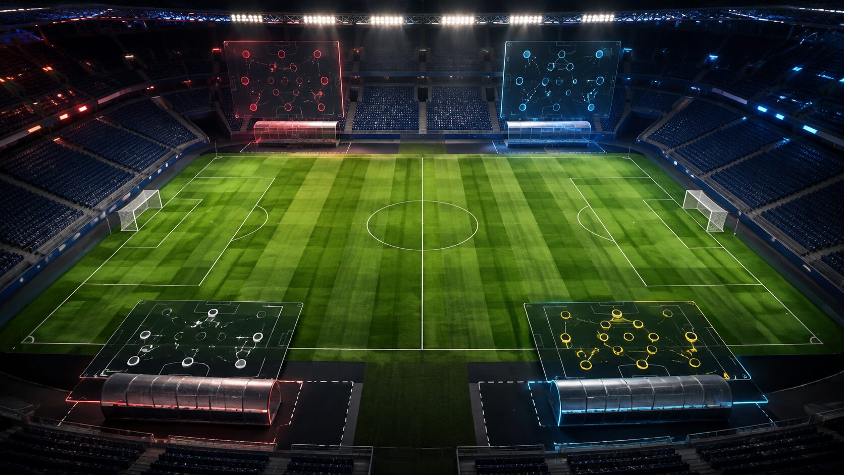 照明に包まれたピッチと4つの監督エリアを表したサッカーのイメージ