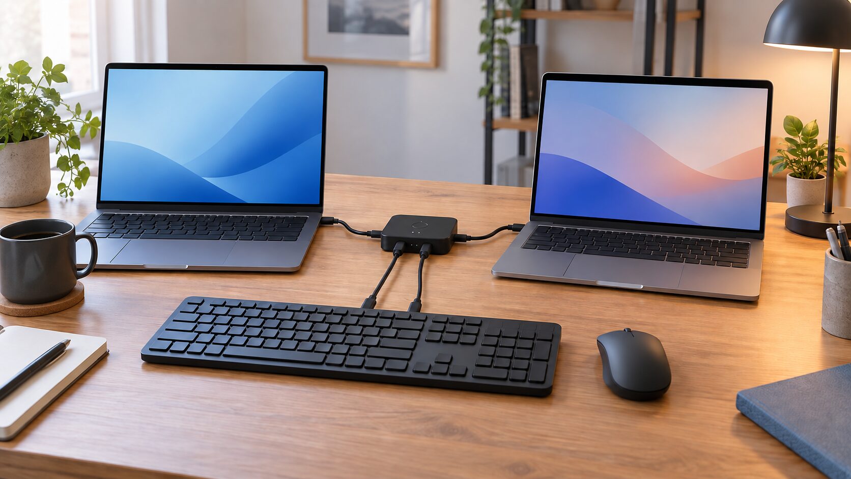 2台のノートパソコンで1組のキーボードとマウスを共有するデスク環境