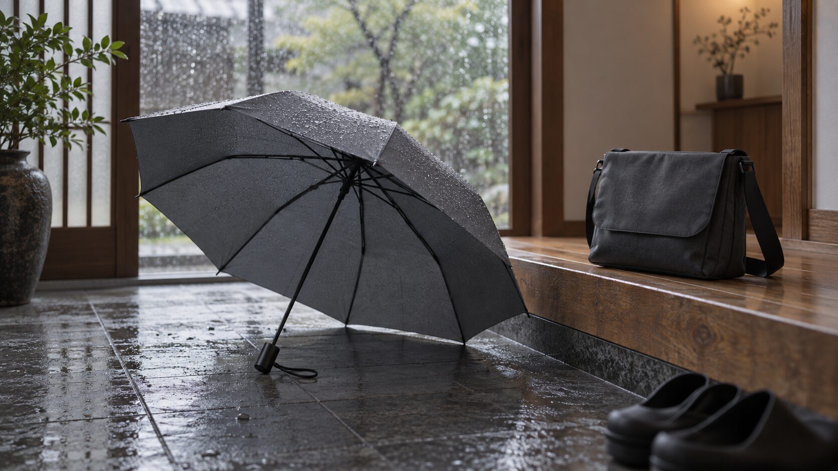 雨上がりの玄関に置かれた軽量なグレーの折りたたみ傘と通勤バッグ