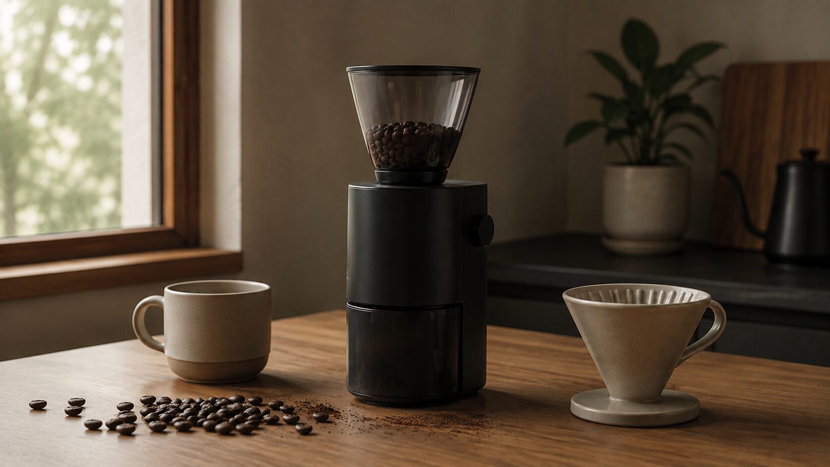 コーヒー豆とドリッパーを添えた無地の家庭用コーヒーグラインダー