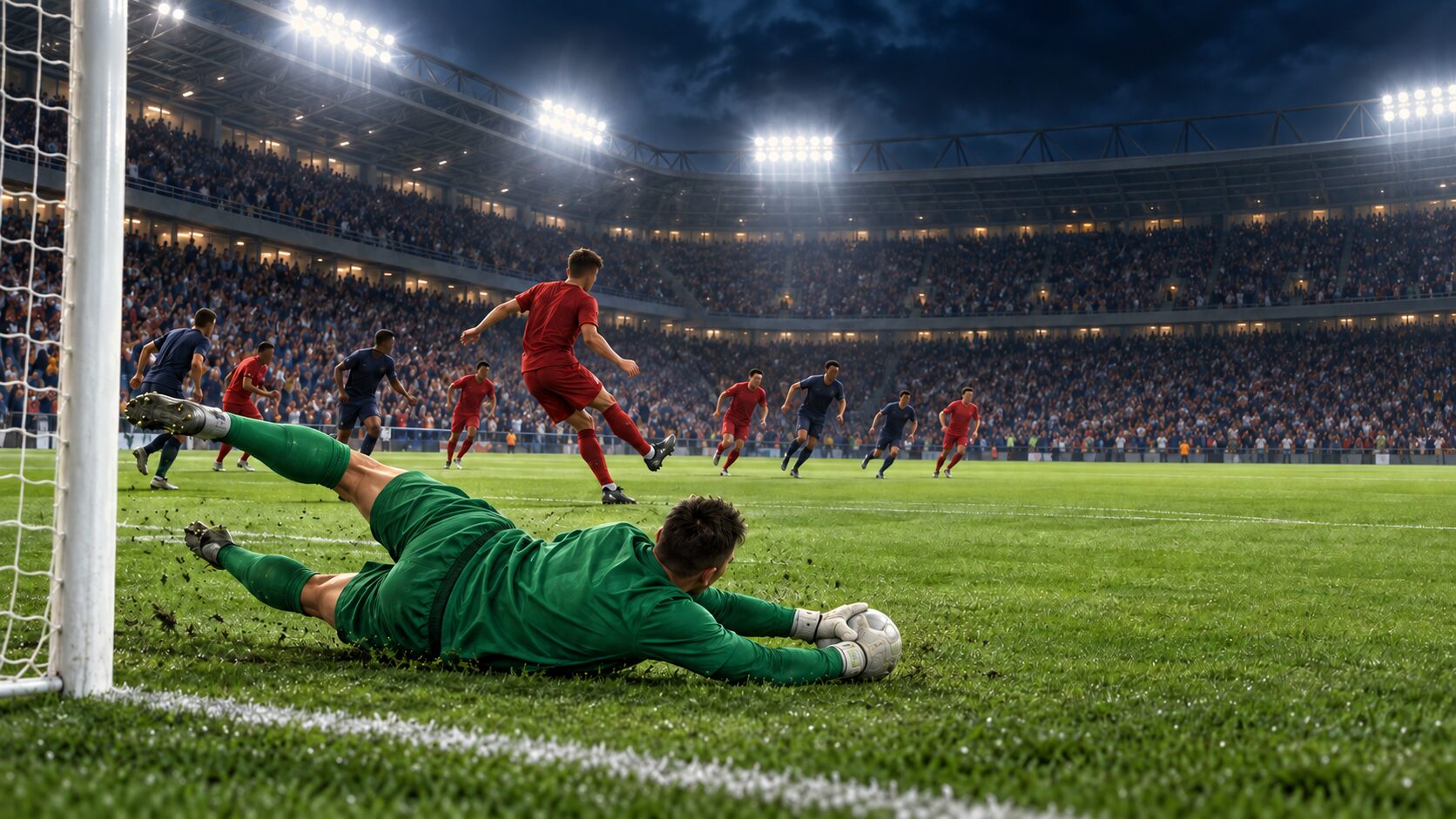 PKを低く横へ跳んで防ぐGKと、キッカーを描いたサッカーのイメージ