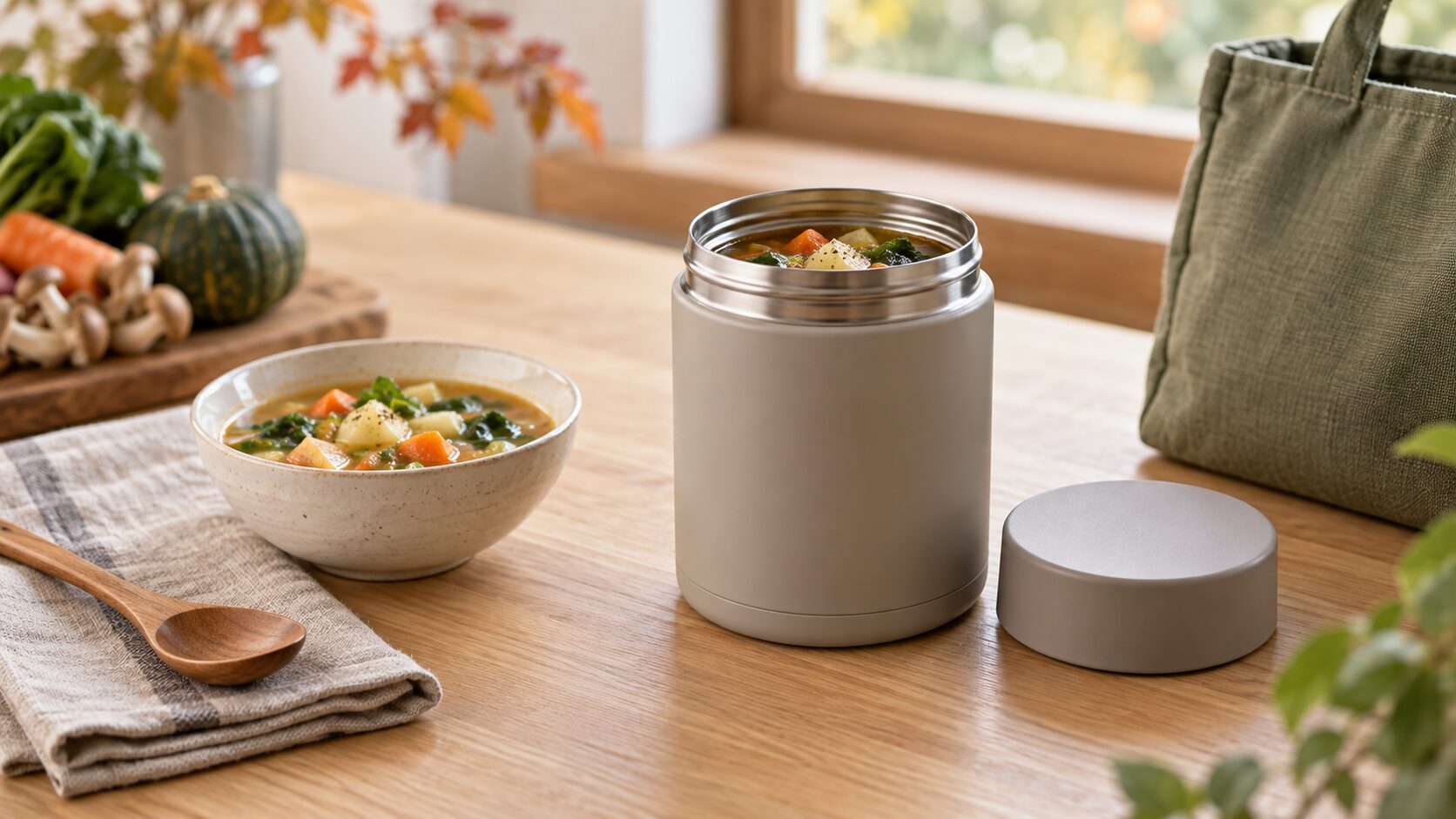 木製の台に置いた無地のスープジャーと温かい野菜スープのイメージ