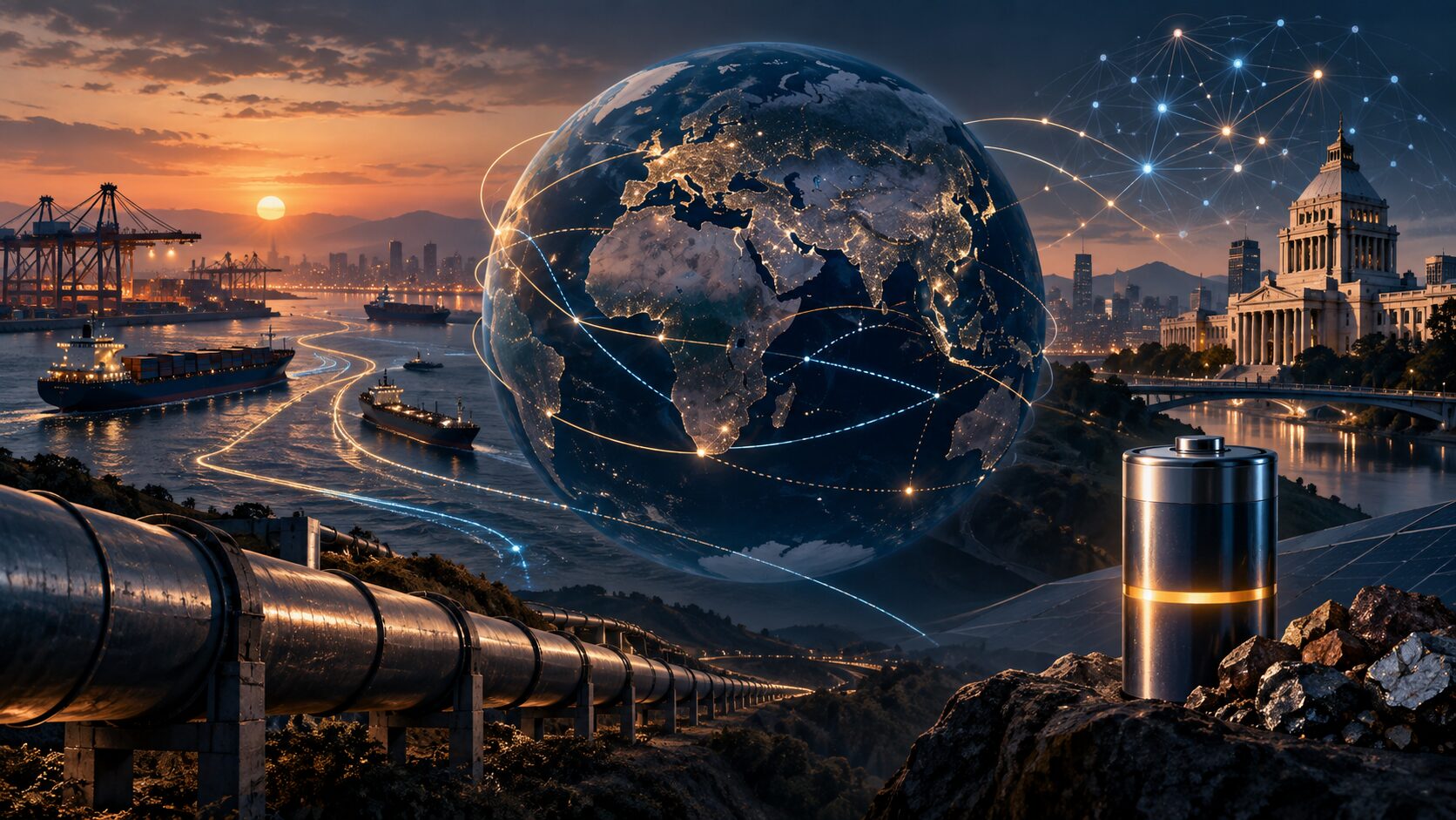 世界の輸送路、エネルギー、電池、議会、AIネットワークの相互依存を表した編集イラスト