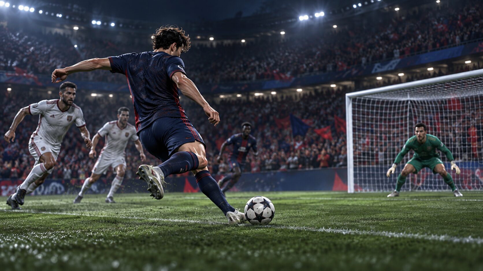 夜のスタジアムで、相手ゴールへシュートを放つ選手を描いたサッカーのイラスト