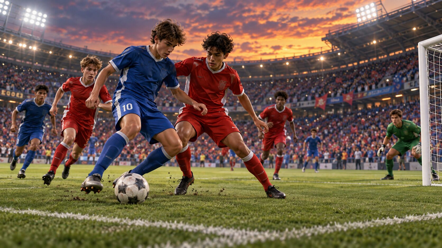 韓国と日本の選手が夕暮れのスタジアムでボールを競り合うサッカーのイラスト