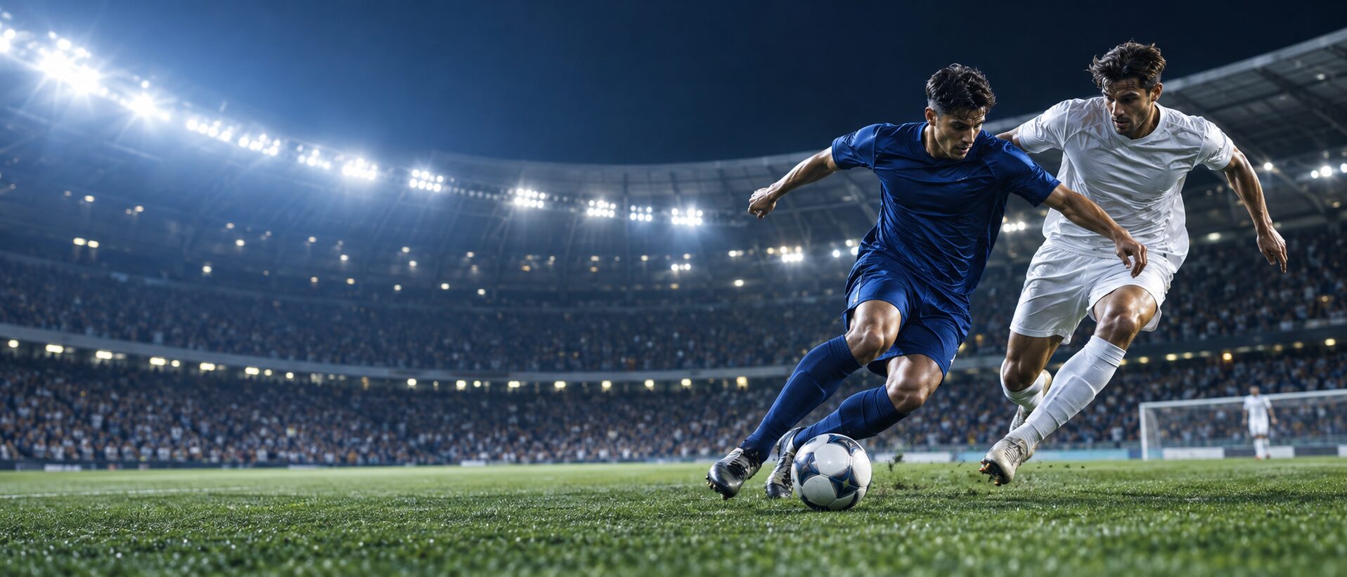 夜のスタジアムで青と白のユニフォームの選手が競り合うサッカーの試合