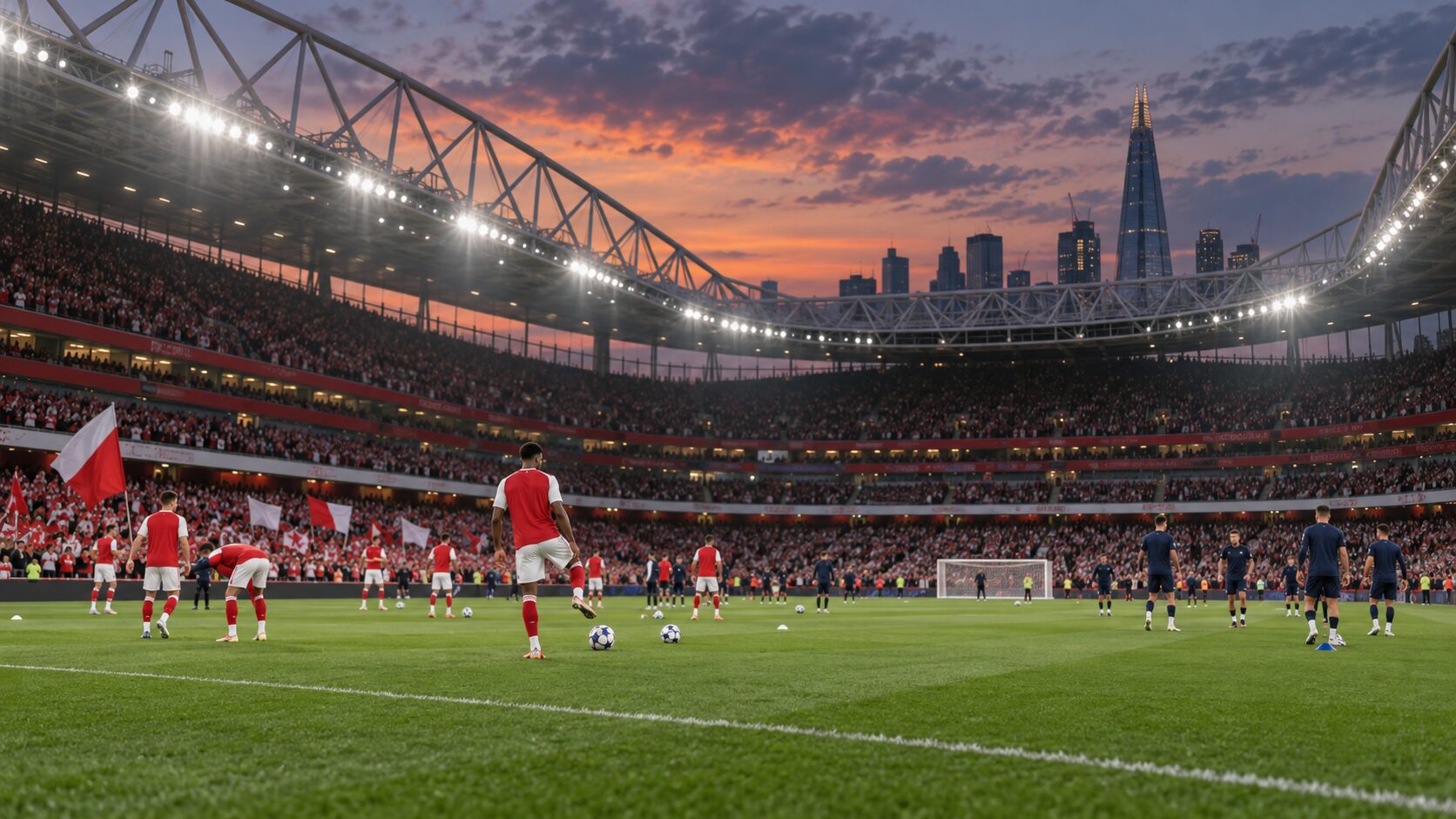 欧州カップ戦を前に、夕暮れのスタジアムでウォームアップする選手たち