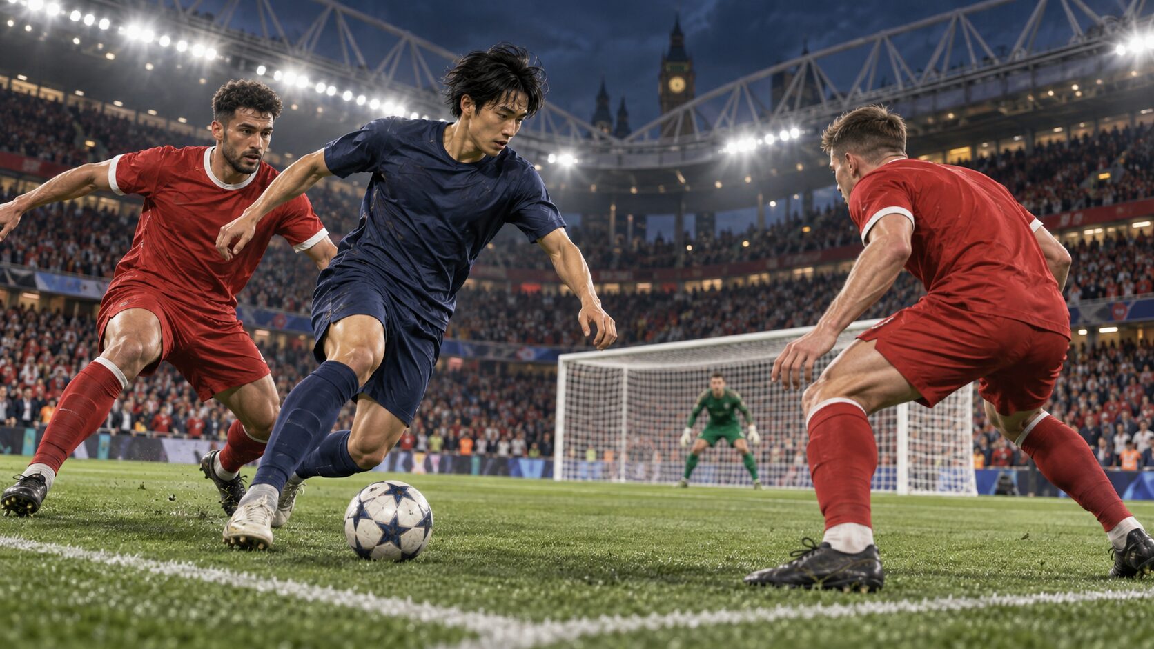 ナイターのスタジアムで相手ディフェンダーと競りながらゴール前へ進む紺色のユニフォームのサッカー選手