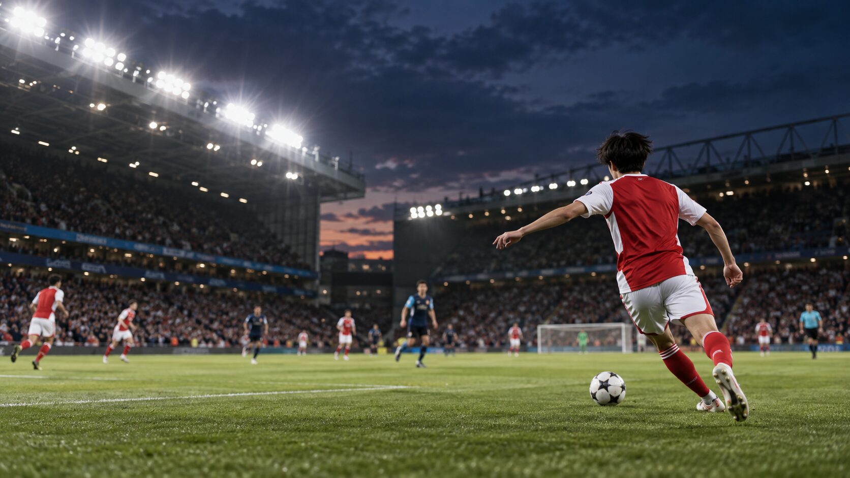 欧州大会の夜のピッチで攻撃を組み立てるサッカー選手
