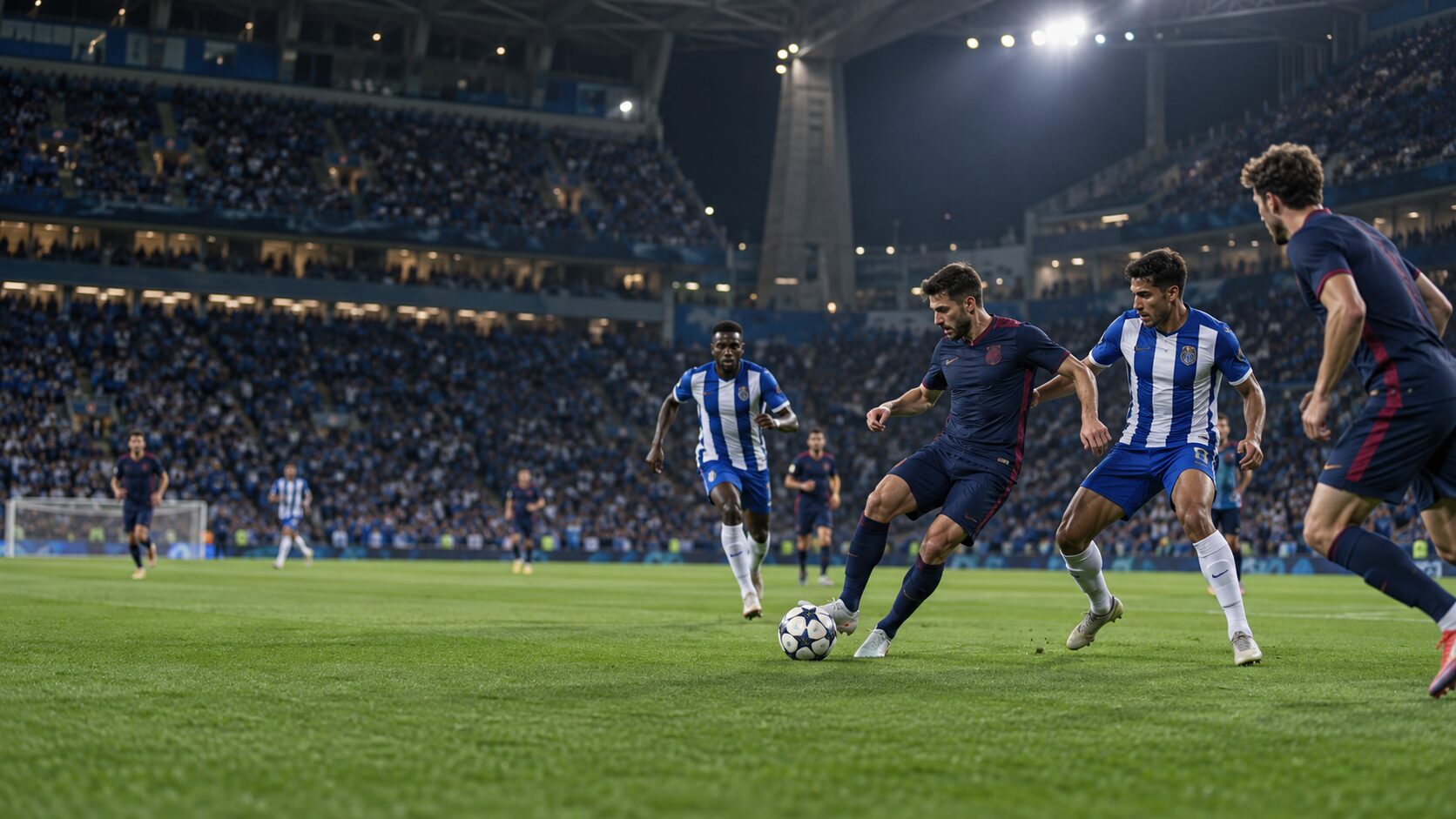 夜の欧州サッカー場で、中盤の選手が相手の寄せを受けながらボールを前へ運ぶ場面