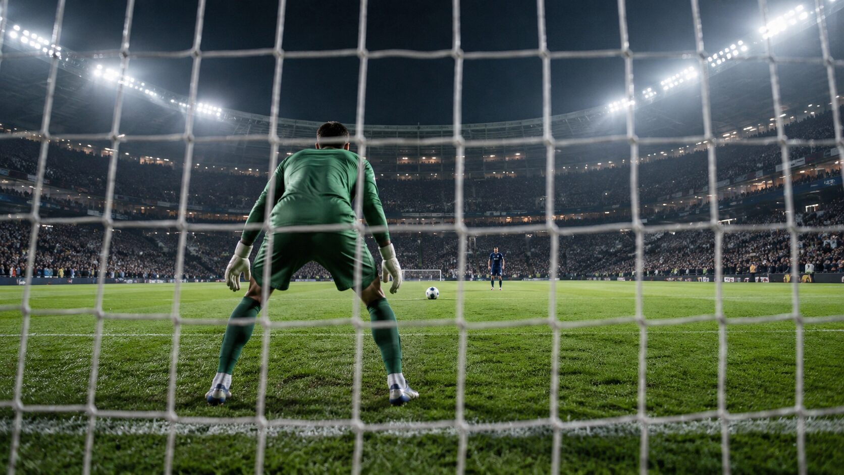 PK戦をイメージした夜のサッカースタジアムとゴール前のボール