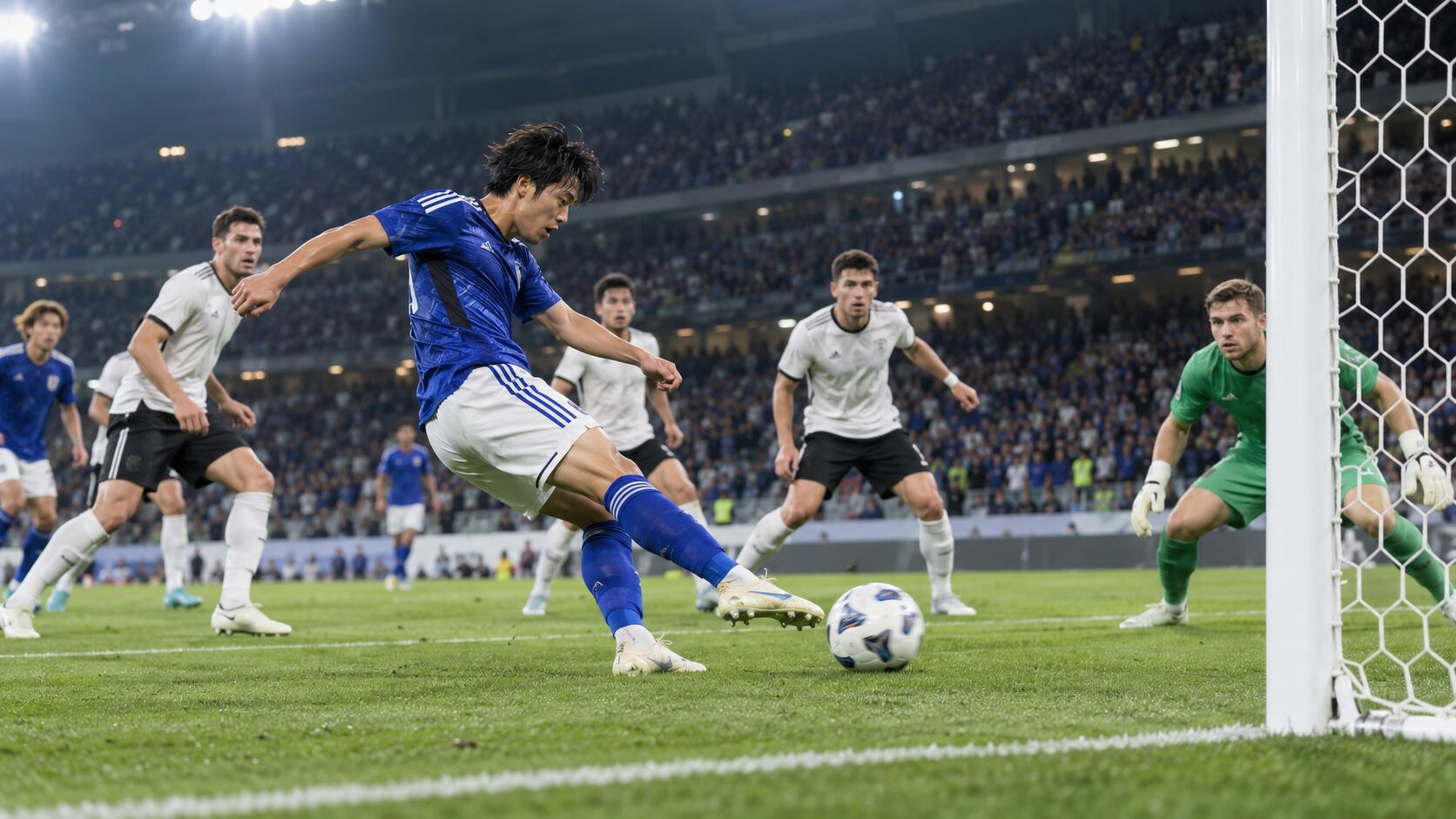 コーナーキックからのこぼれ球をゴール前で押し込むサッカー選手