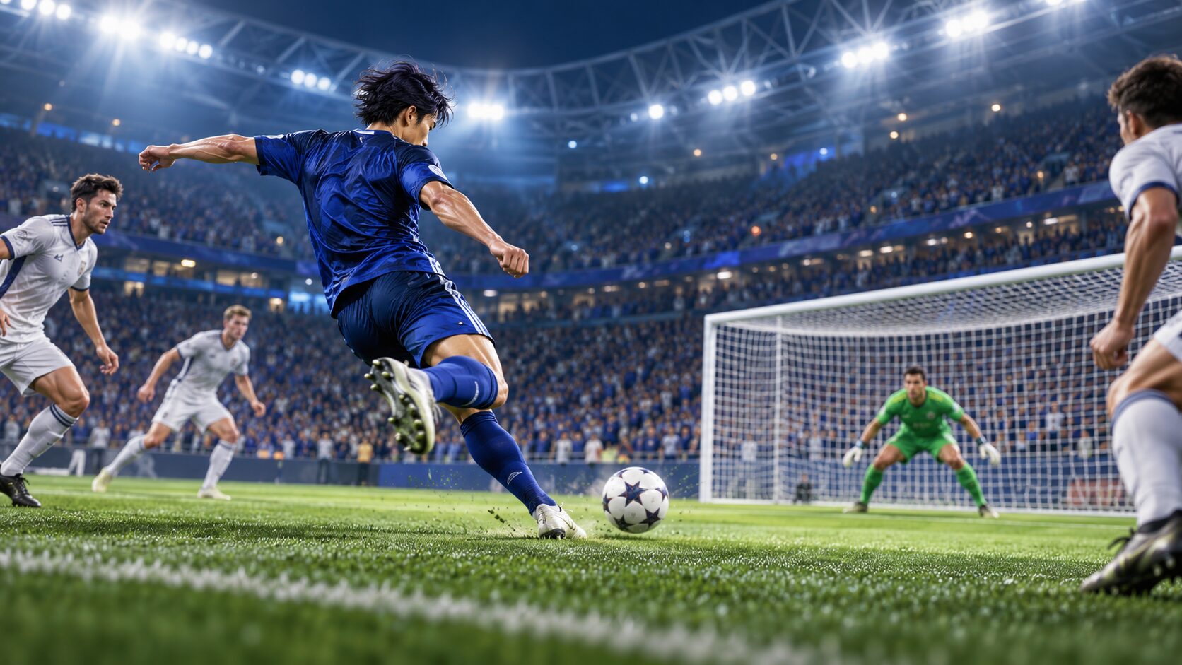 夜のスタジアムでゴールへシュートを放つ選手を描いたサッカーのイラスト