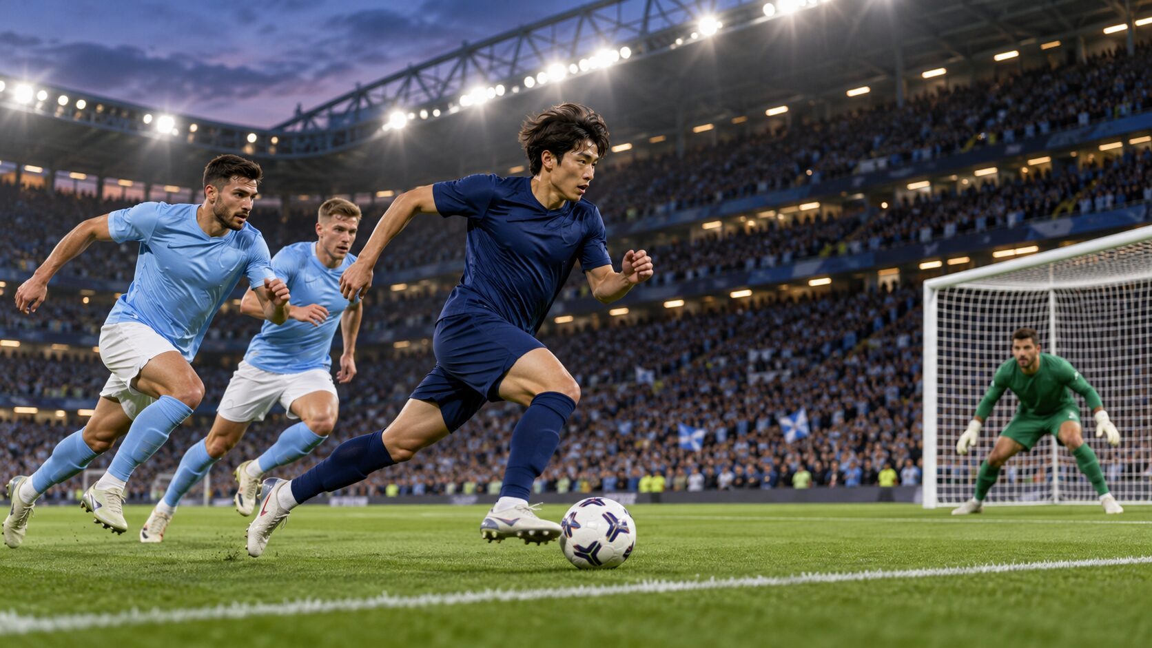 夕暮れのスタジアムでゴールへ向かって走る紺色のユニフォームのサッカー選手
