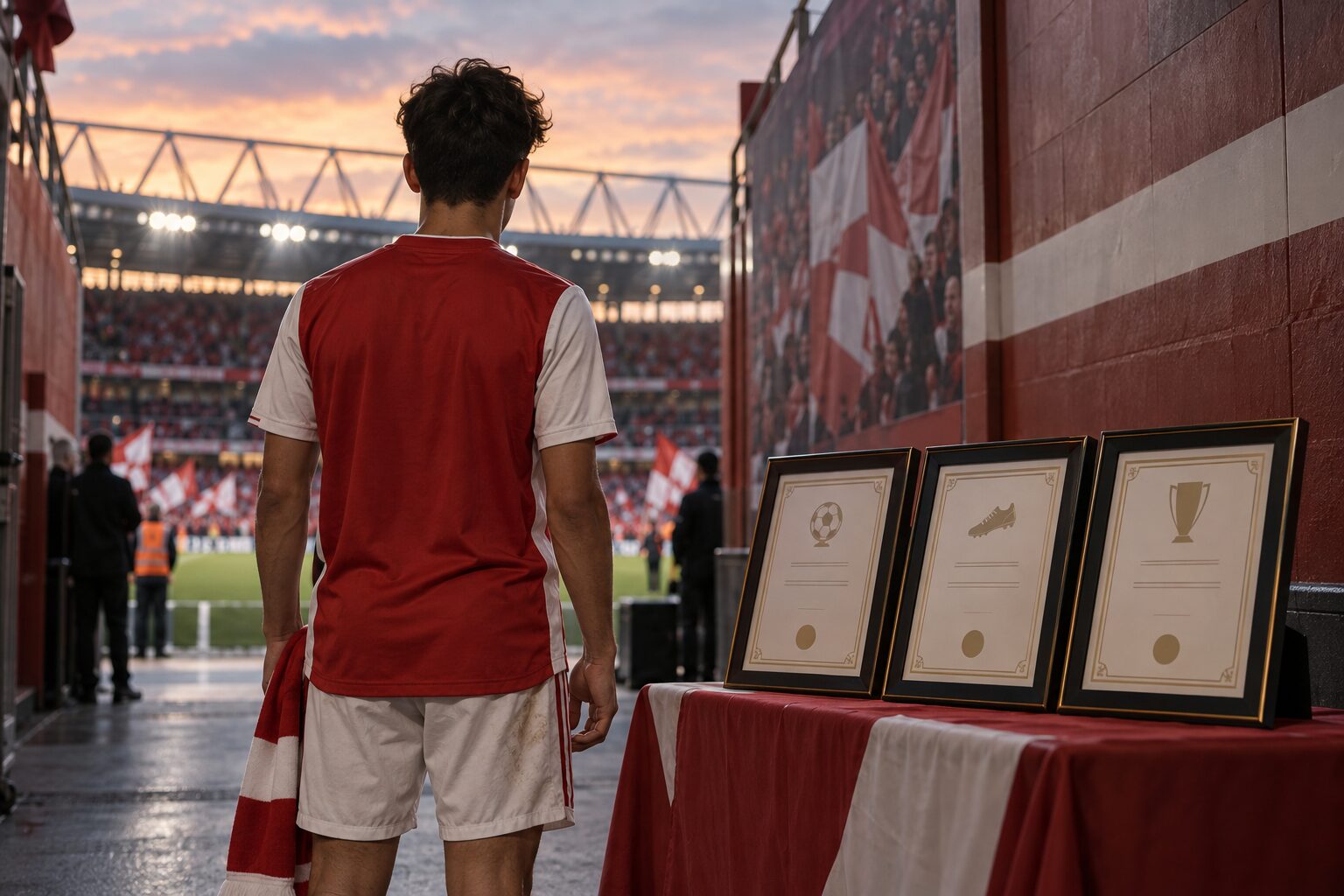 記録証を前に、スタジアム通路に立つ若いサッカー選手の後ろ姿