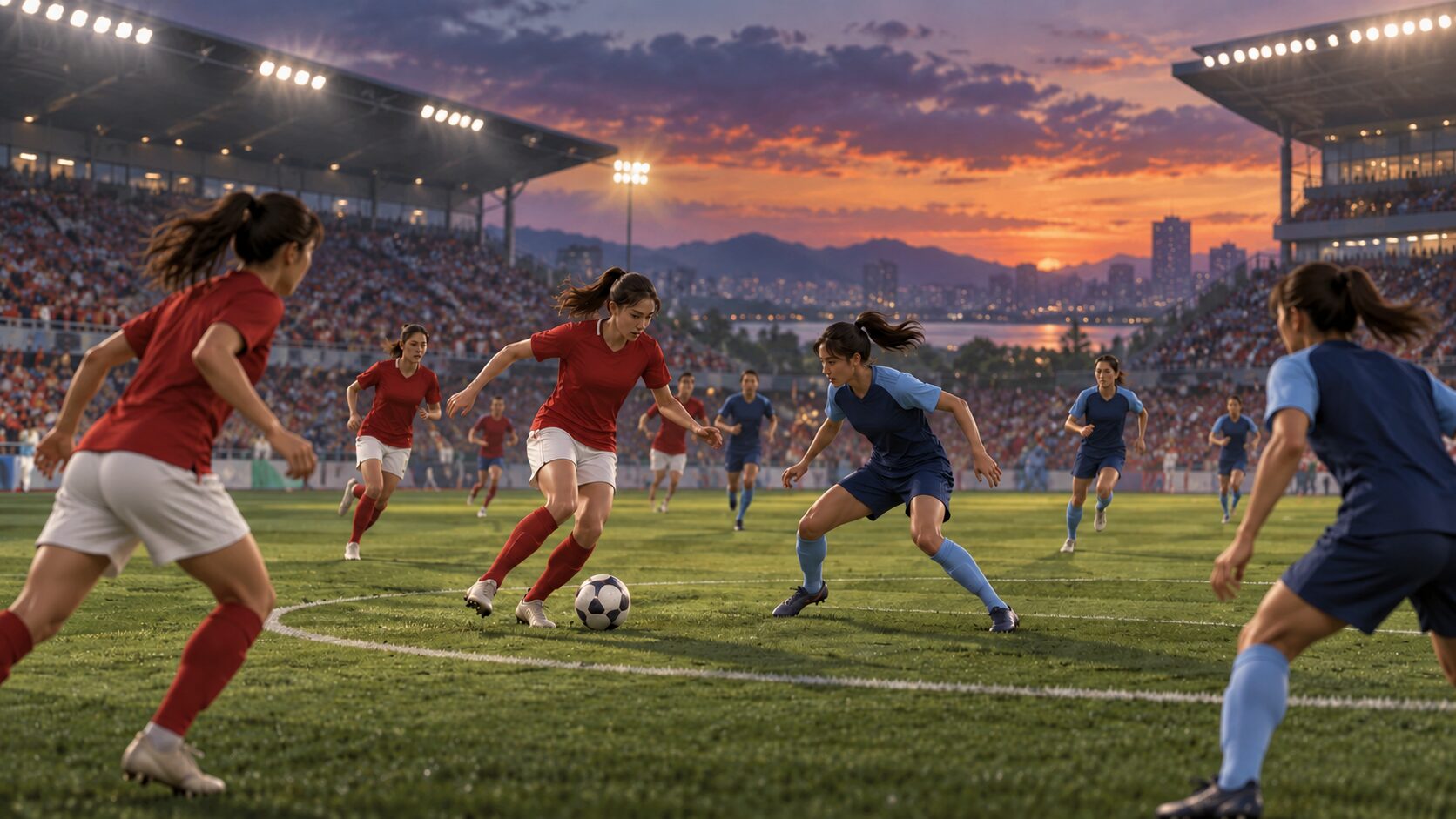夕暮れのスタジアムで赤白と紺色のチームがボールを競り合う場面