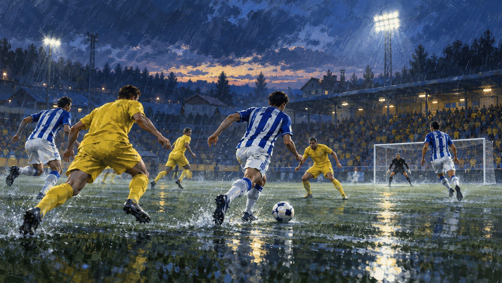 北欧のスタジアムで青白と黄色のユニフォームの選手が競り合うサッカーのイラスト