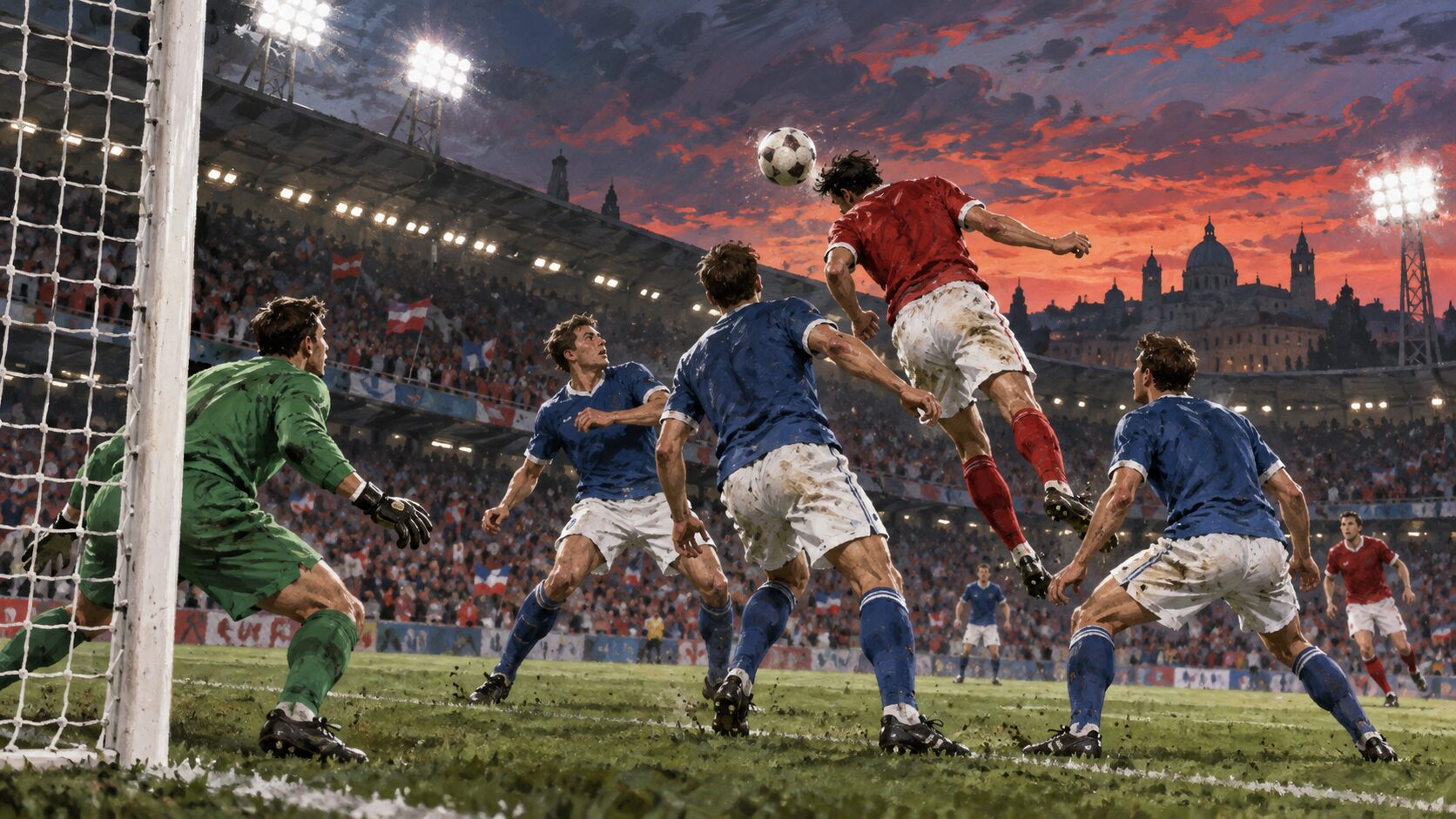 夜のスタジアムで、匿名の選手たちが空中のボールを競り合うサッカーのイラスト